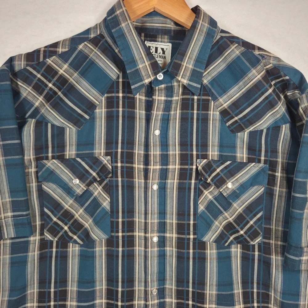 Ely Cattleman Mens XL Blue Plaid Western Short Sleeve Pearl Snap Cowboy Shirt